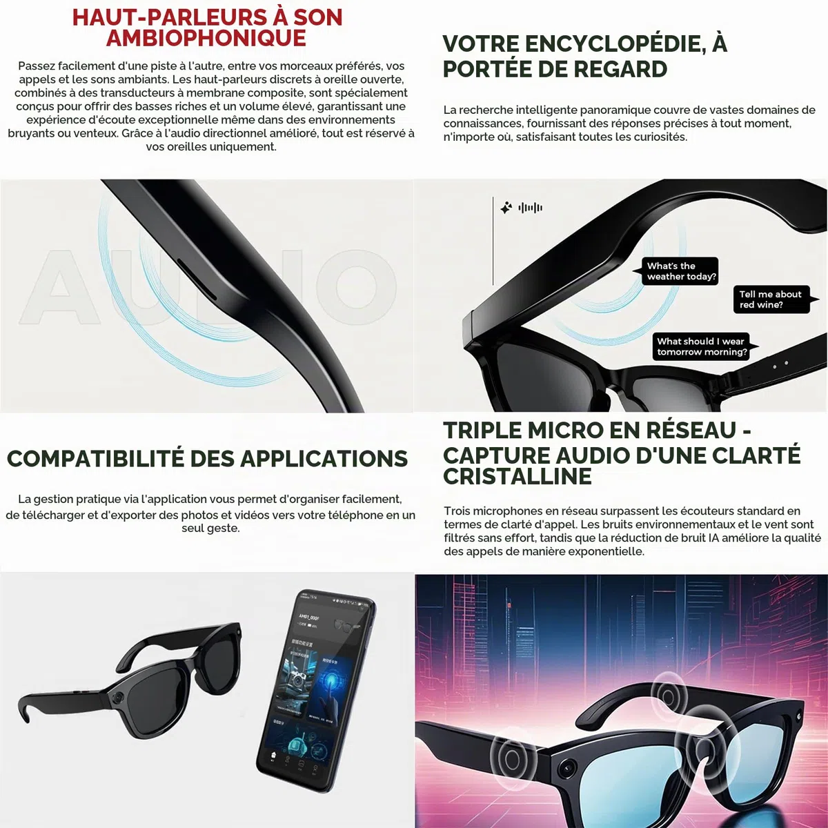 Lunettes Connectées Ia, Avec Caméra Hd 500 W Et Haut-Parleurs, Commande Vocale, Lecture De Musique, Traduction En Temps RéEl, Transmission Wi-Fi, Pour Les Voyages, La Musique Et Les Appels.,B