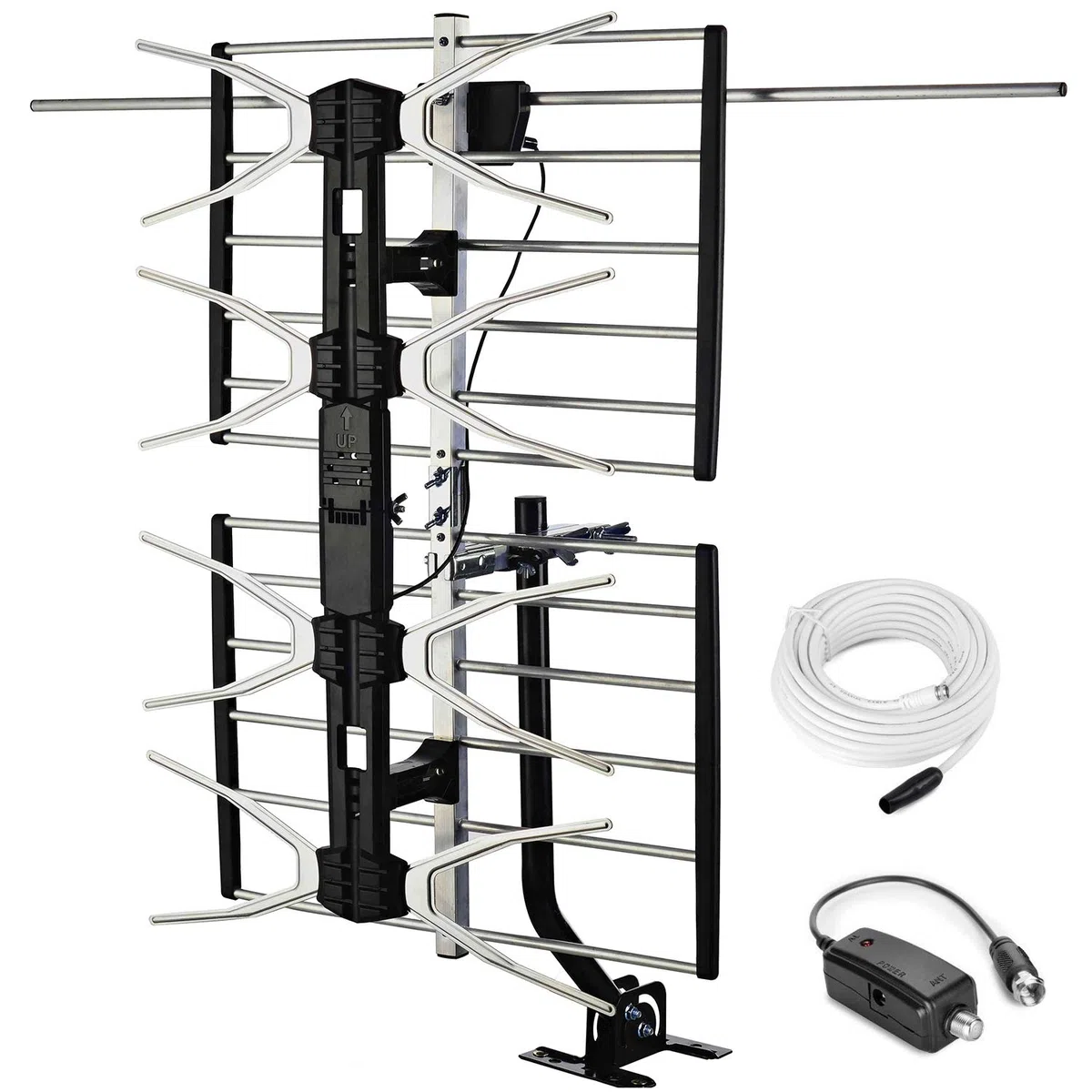 PBD Antenne TV numérique HD d'extérieur avec amplificateur à gain élevé 240 km de long pour UHF/VHF, poteau de montage, câble coaxial RG6 de 12 m, installation facile