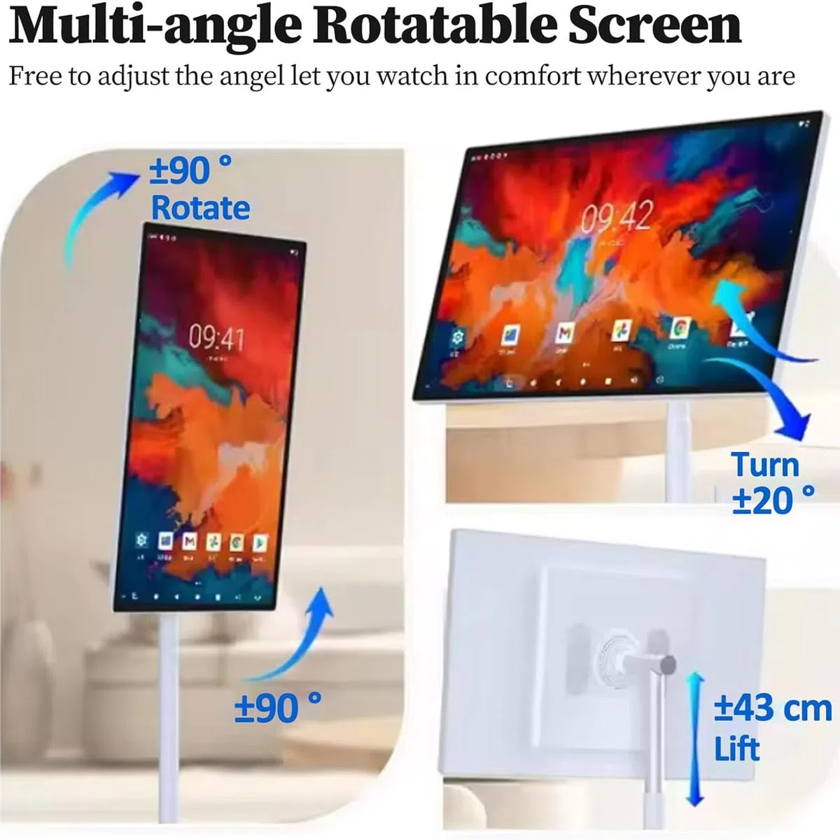 Téléviseur intelligent portable avec télécommande, moniteur à écran tactile, support roulant sans fil avec batterie intégrée, rotation intégrale, 24 pouces, 4+64G