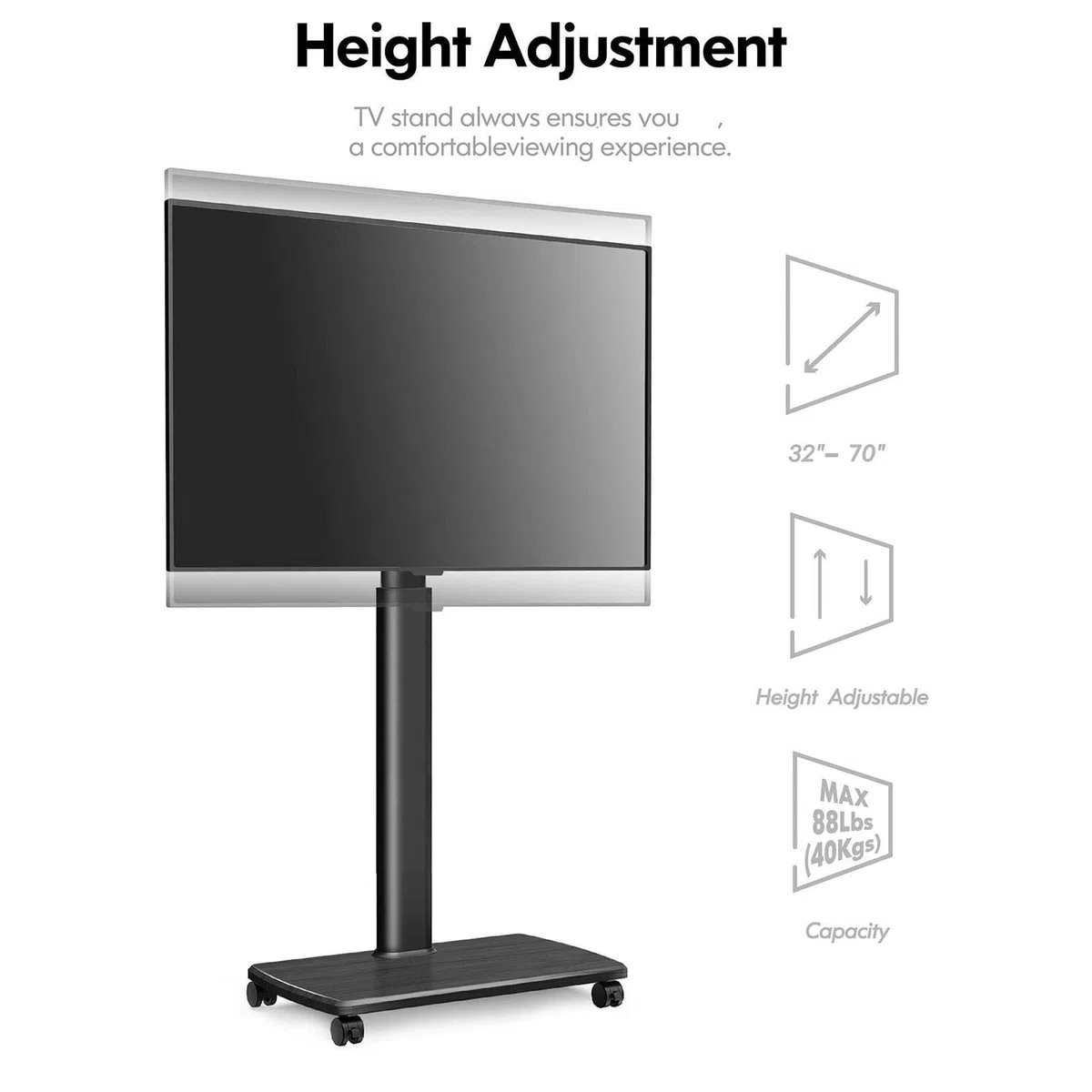 Support de Sol Portable pour téléviseur - Support Universel à roulettes, Chariot pour téléviseurs de 37 à 70 Pouces, Hauteur réglable pour Chambre, extérieur, Petit,B-1270-1470mm