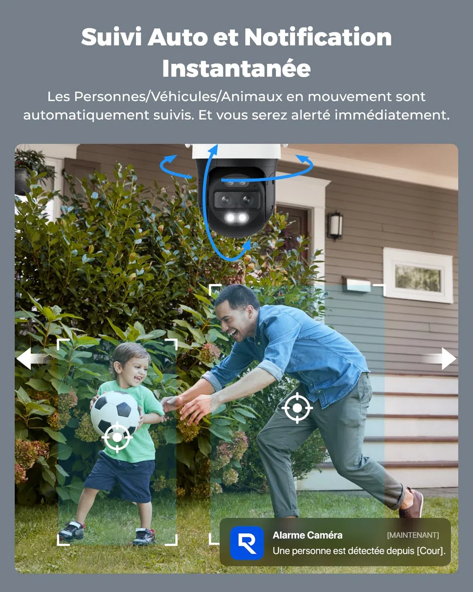 Reolink Caméra de sécurité extérieure PTZ 4K double objectif, WiFi 6 2,4/5 GHz, suivi humain/véhicule/animal, zoom hybride 6x, vision nocturne couleur, TrackMix WiFi (Reconditionné)