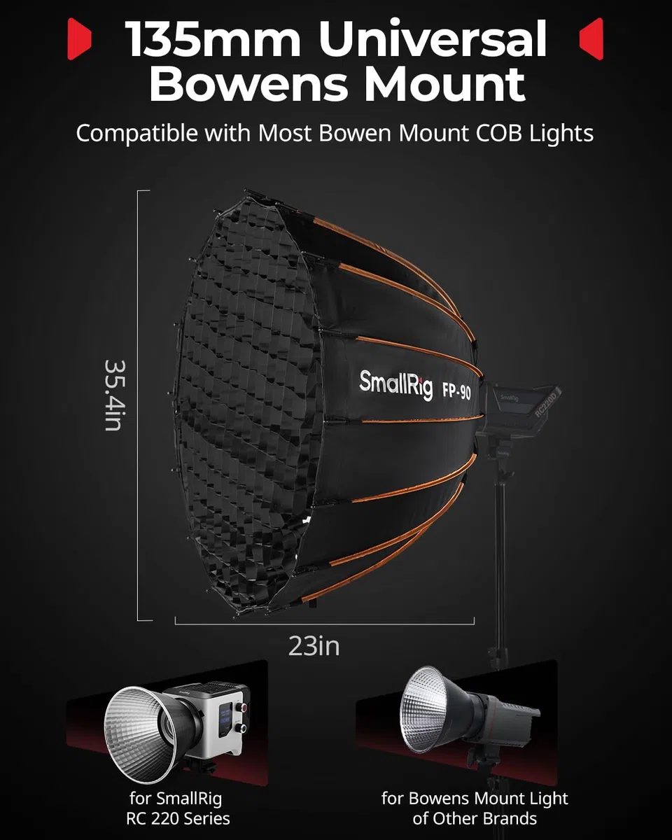 SMALLRIG Softbox Parabolique FP-90 35.4" avec Monture Bowens, Dégagement Rapide avec Grille en Nid d'abeille et Diffuseurs, pour SMALLRIG, pour Neewer, pour Godox, pour Aputure - 5395