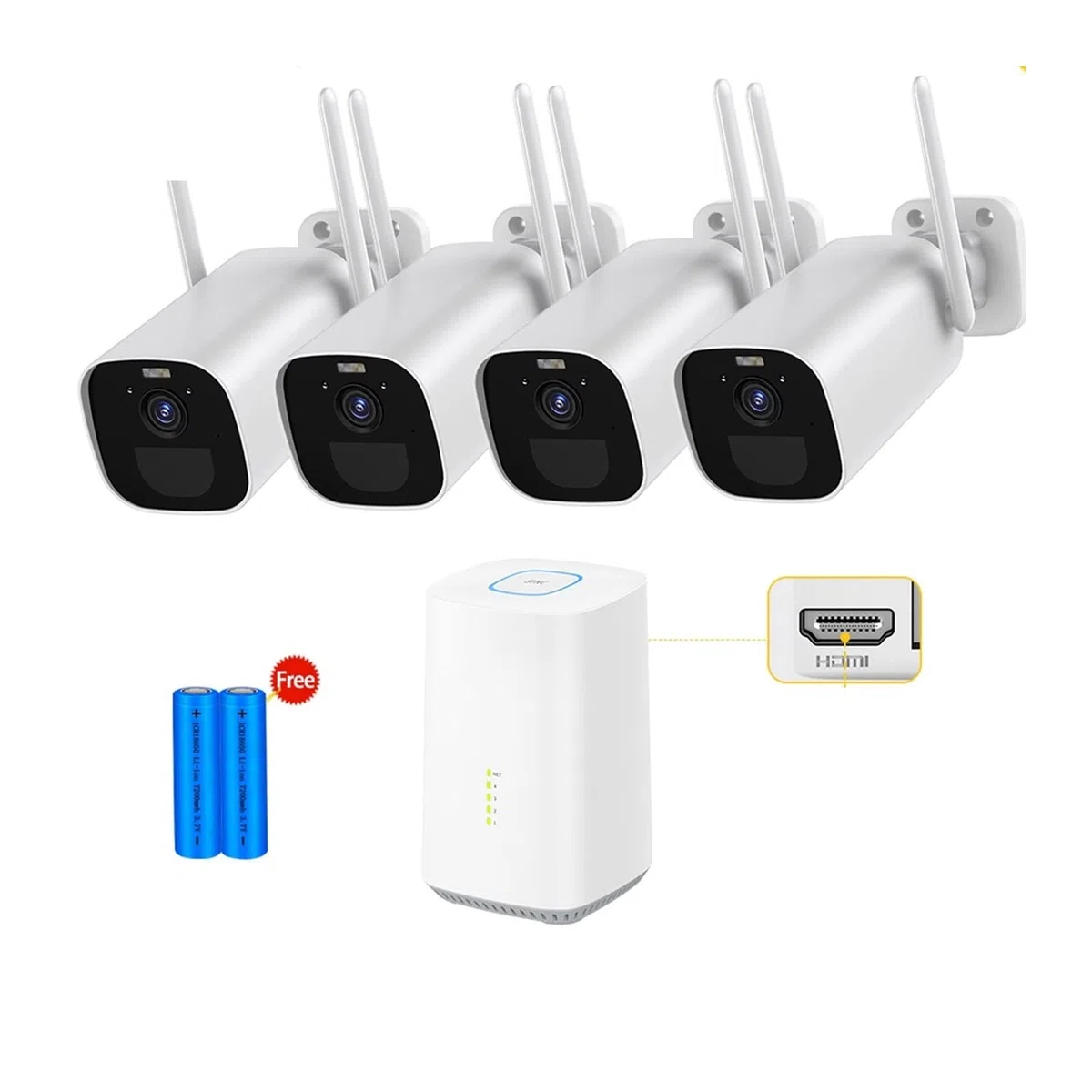 Caméra de sécurité, Caméra Balle extérieure Surveillance vidéo sans Fil CCTV Kits de système sécurité à Domicile construit dans Une Batterie Recharable 5200 mAh 3MP(4 Cams 64G Add NVR)
