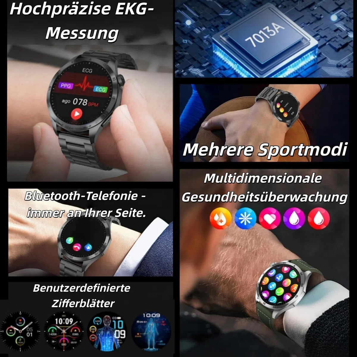 BEYERSWERK Alpha Pro Montre connectée AMOLED de fitness 1,43", ECG/IMC, fréquence cardiaque 24h, pression artérielle, SPO2, surveillance du sommeil/apnée, appels Bluetooth, appel d'urgence, compatible