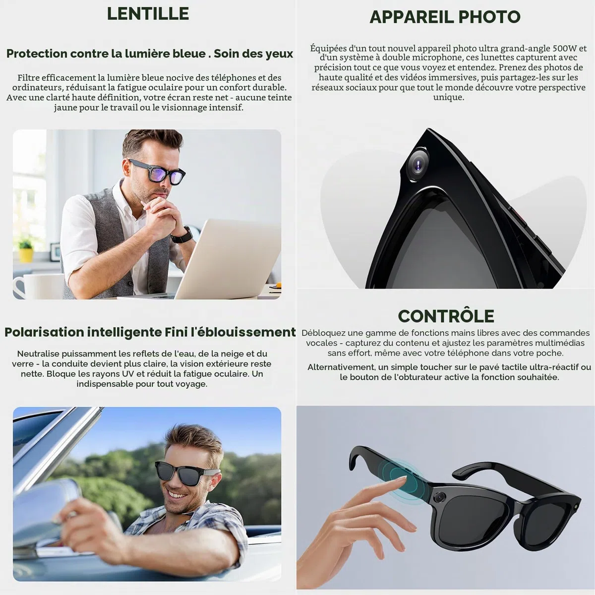 Lunettes Connectées Ia, Avec Caméra Hd 500 W Et Haut-Parleurs, Commande Vocale, Lecture De Musique, Traduction En Temps RéEl, Transmission Wi-Fi, Pour Les Voyages, La Musique Et Les Appels.,B