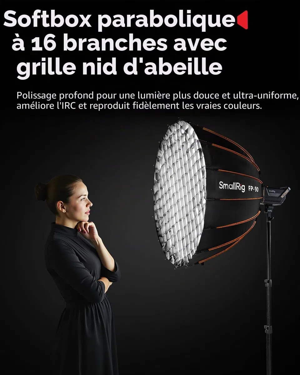 SMALLRIG Softbox Parabolique FP-90 35.4" avec Monture Bowens, Dégagement Rapide avec Grille en Nid d'abeille et Diffuseurs, pour SMALLRIG, pour Neewer, pour Godox, pour Aputure - 5395