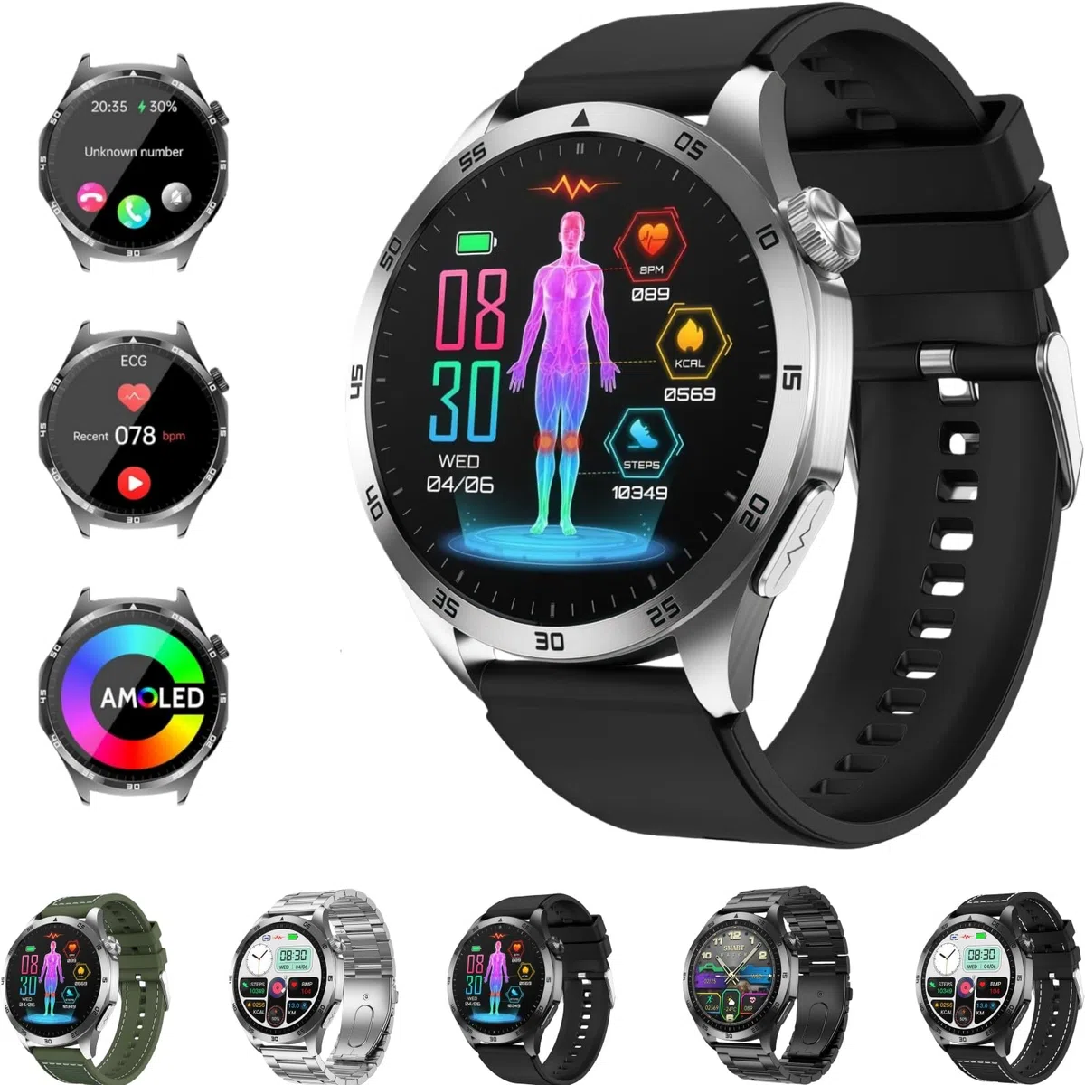 BEYERSWERK Alpha Pro Montre connectée AMOLED de fitness 1,43", ECG/IMC, fréquence cardiaque 24h, pression artérielle, SPO2, surveillance du sommeil/apnée, appels Bluetooth, appel d'urgence, compatible