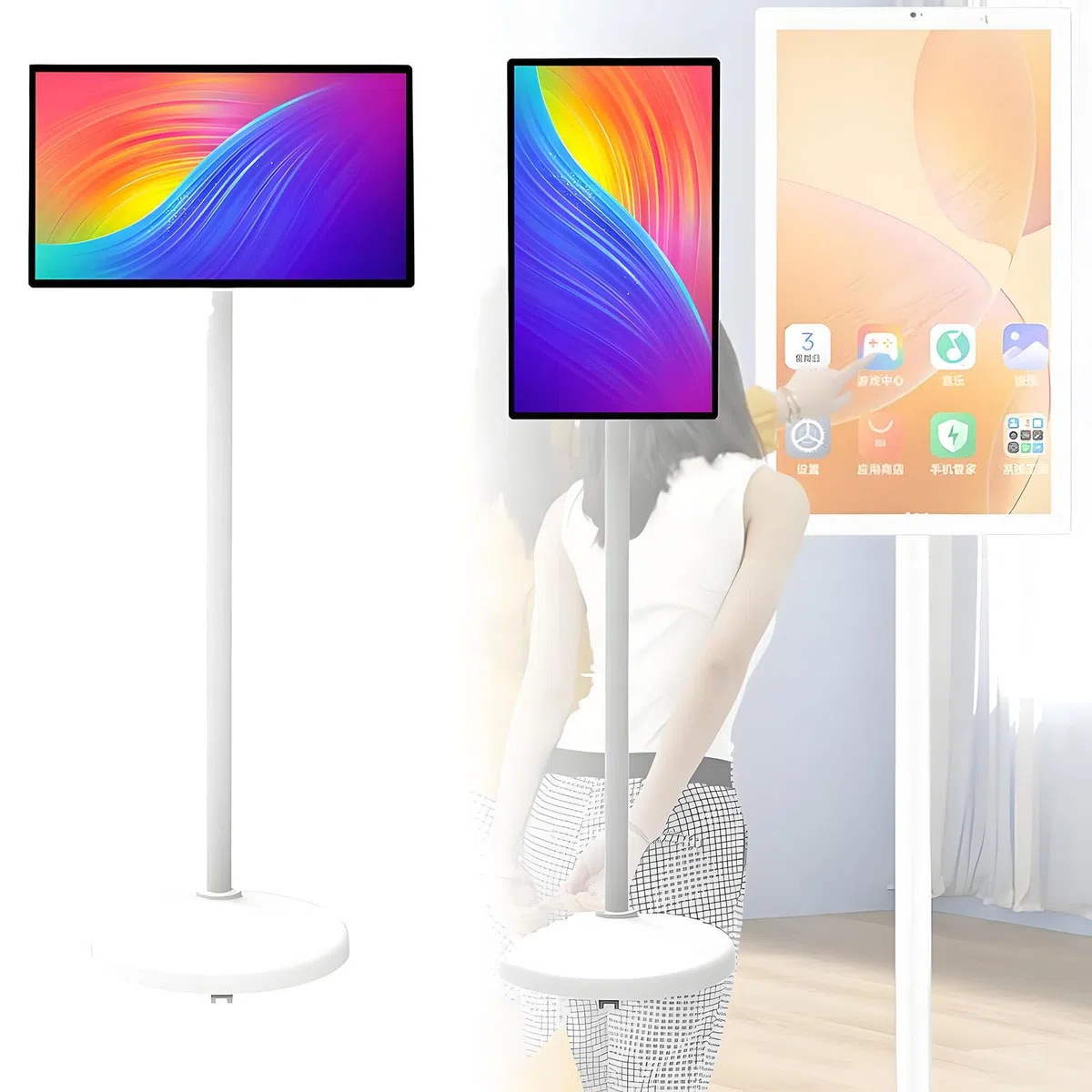 Téléviseur intelligent portable avec télécommande, moniteur à écran tactile, support roulant sans fil avec batterie intégrée, rotation intégrale, 24 pouces, 4+64G