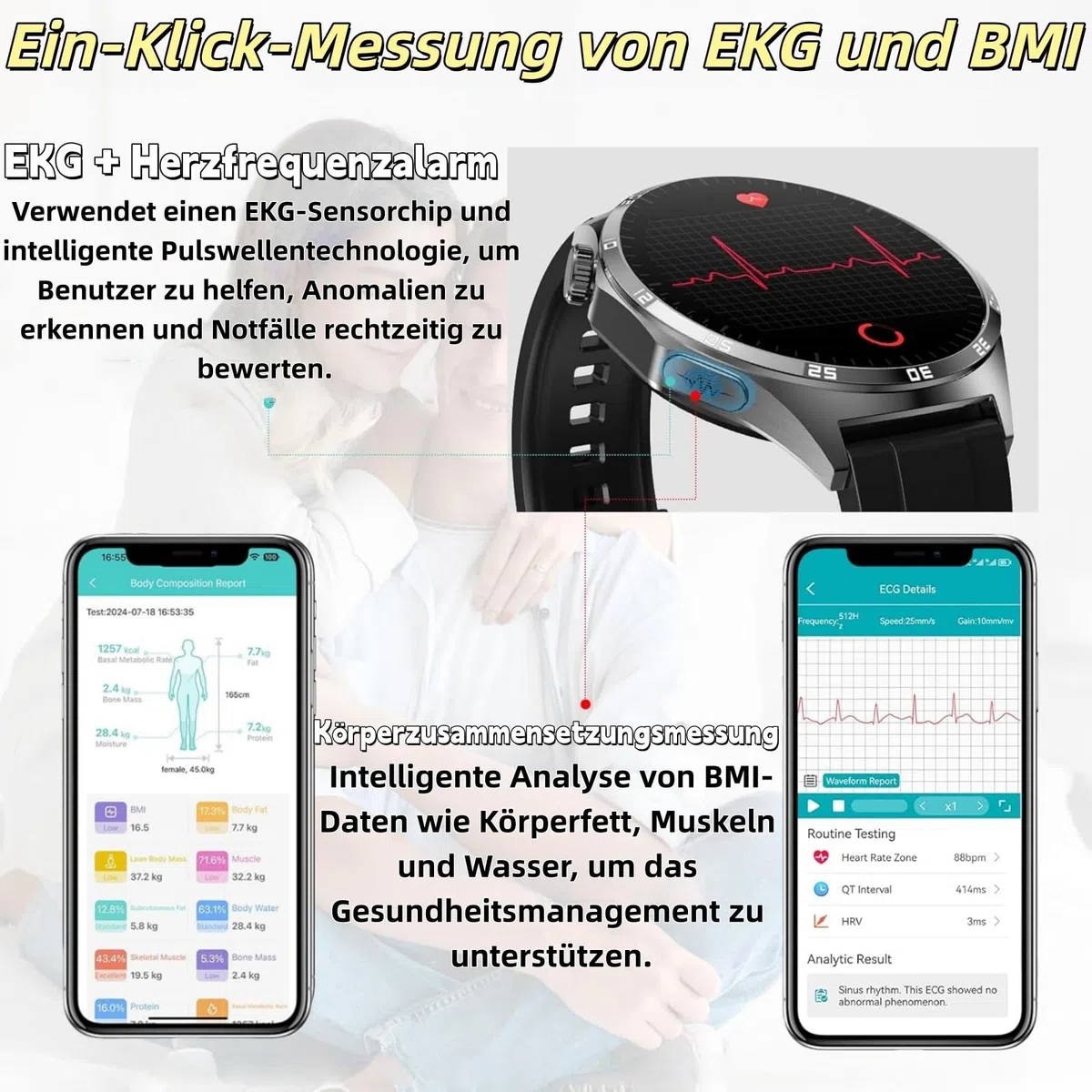 BEYERSWERK Alpha Pro Montre connectée AMOLED de fitness 1,43", ECG/IMC, fréquence cardiaque 24h, pression artérielle, SPO2, surveillance du sommeil/apnée, appels Bluetooth, appel d'urgence, compatible
