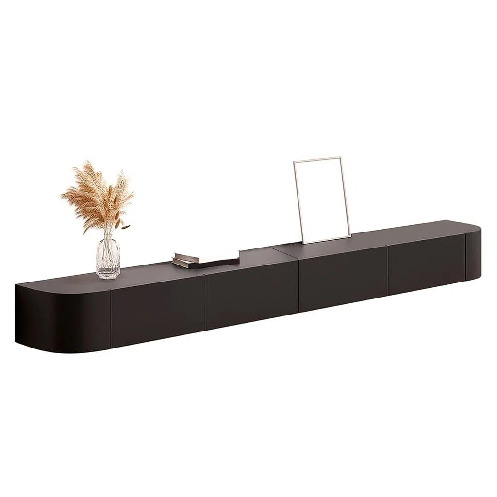 Meuble TV moderne noir flottant, console murale en bois avec trou de gestion des câbles, unité de divertissement élégante pour la maison, design peu encombrant (300 x 24 cm)