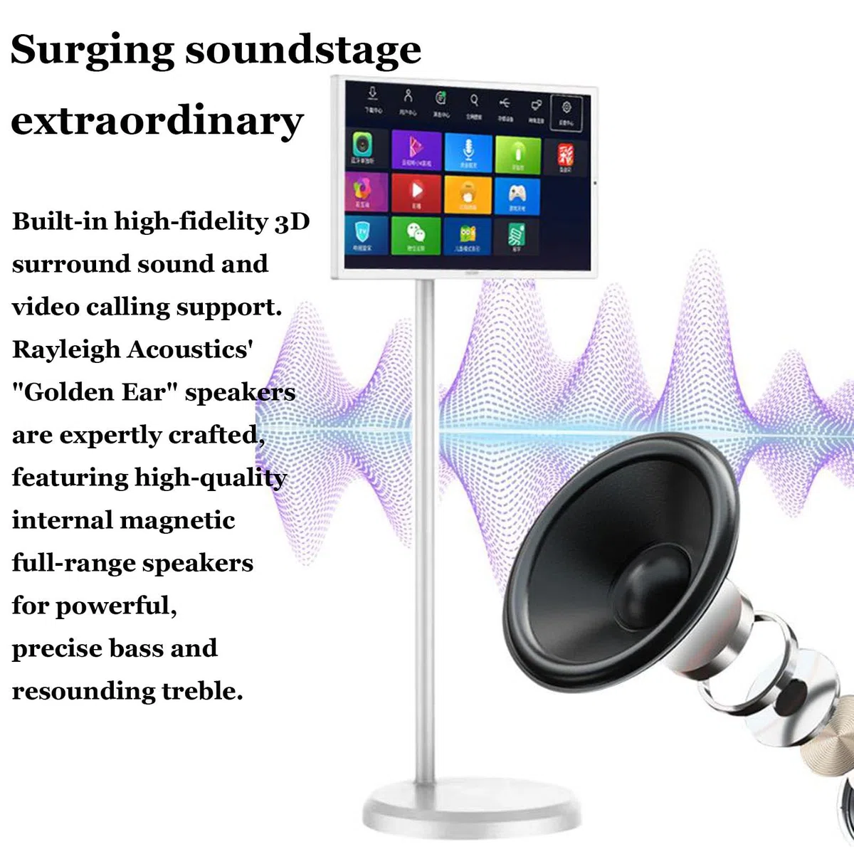 Téléviseur intelligent portable avec télécommande, moniteur à écran tactile, support roulant sans fil avec batterie intégrée, rotation intégrale, 24 pouces, 4+64G