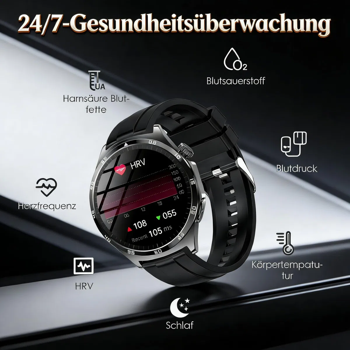 BEYERSWERK Alpha Pro Montre connectée AMOLED de fitness 1,43", ECG/IMC, fréquence cardiaque 24h, pression artérielle, SPO2, surveillance du sommeil/apnée, appels Bluetooth, appel d'urgence, compatible