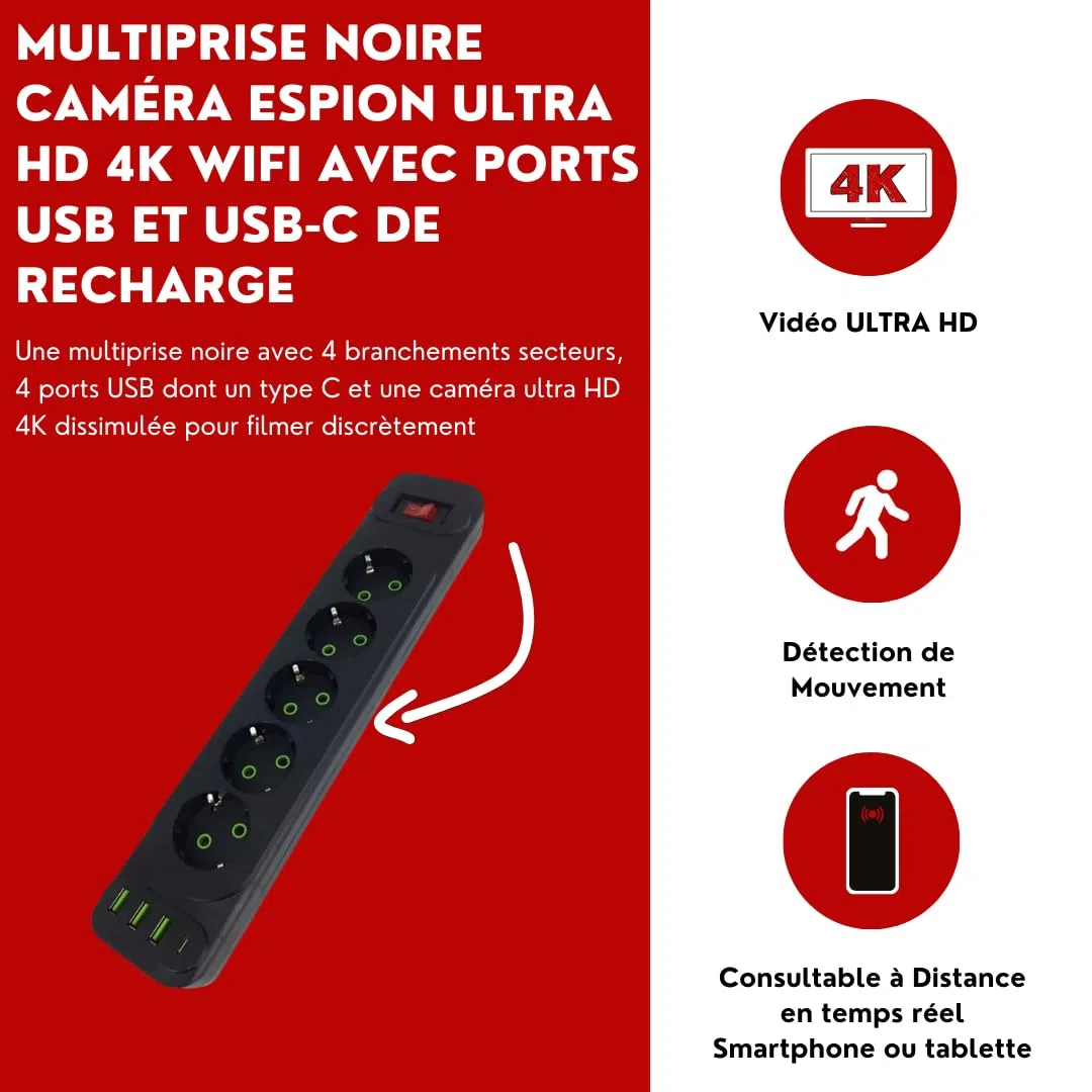Générique Multiprise Caméra Espion 4K WiFi Noire