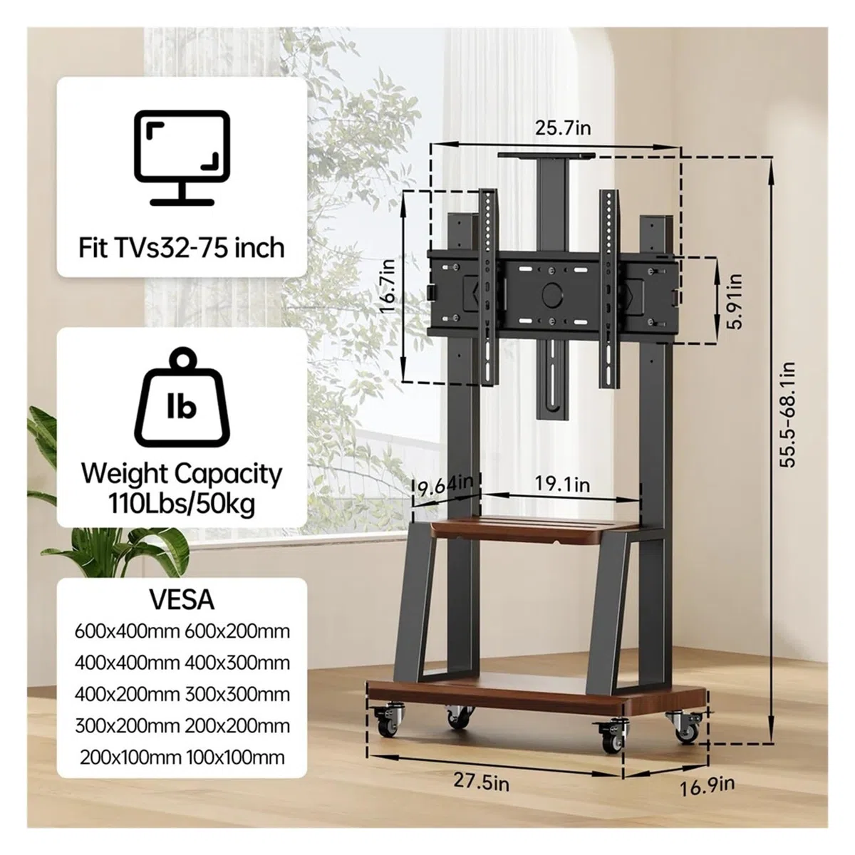 Support TV Mobile avec roulettes pour téléviseurs de 32 à 75 Pouces, Hauteur réglable, Support de Sol Portable avec éère, Compatible VESA Max 600 x 400 mm (Noir)