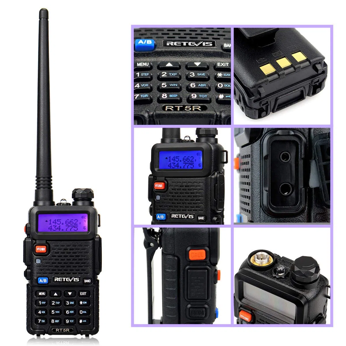 Retevis RT5R Talkie Walkie Double Bande, Longue Portée Ham Amateur, 2m / 70cm USB Charge Radio, Portable FM Radio, 128 Canaux Ham Radio pour Sécurité, Faire des Affaires(Noir, 5Pcs)
