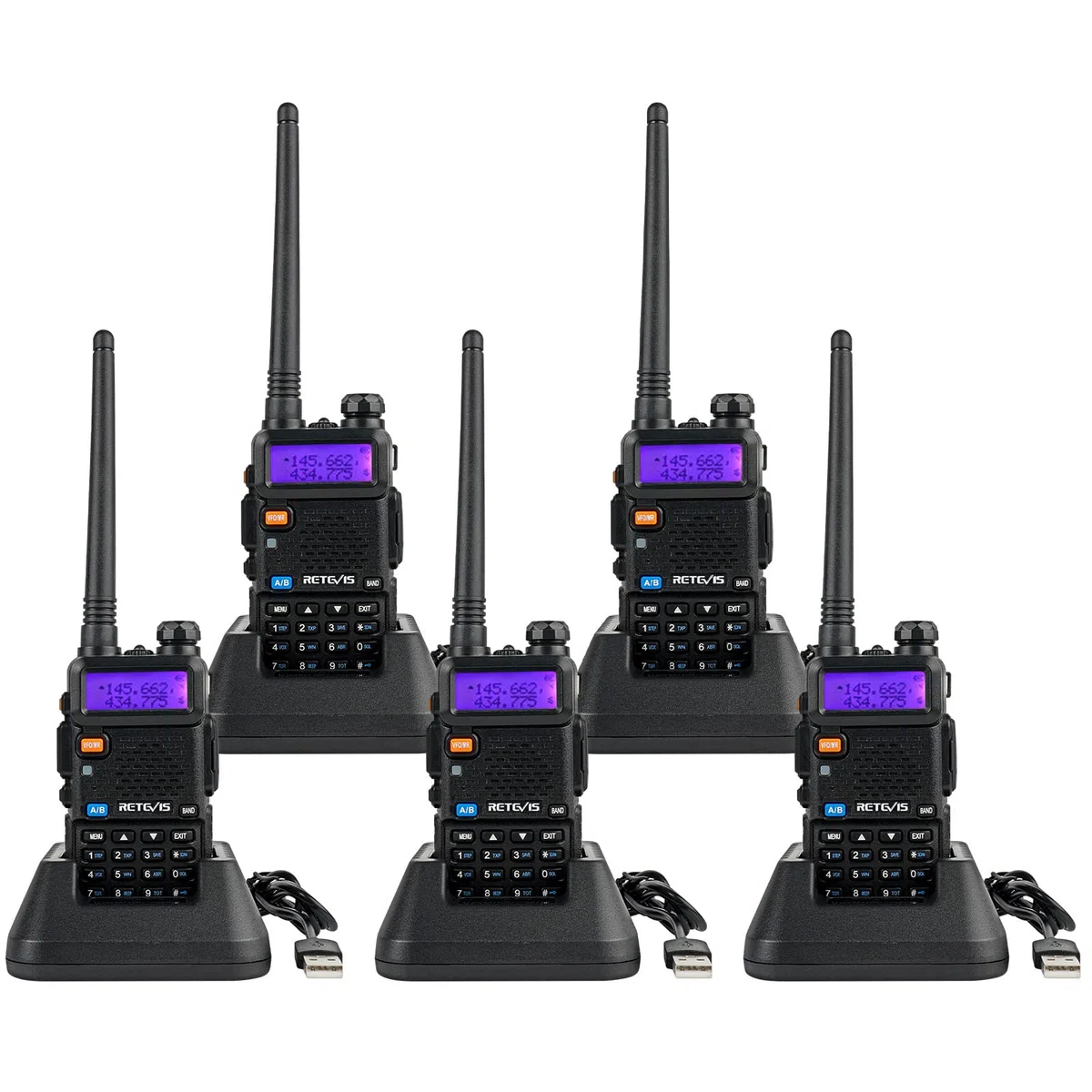 Retevis RT5R Talkie Walkie Double Bande, Longue Portée Ham Amateur, 2m / 70cm USB Charge Radio, Portable FM Radio, 128 Canaux Ham Radio pour Sécurité, Faire des Affaires(Noir, 5Pcs)