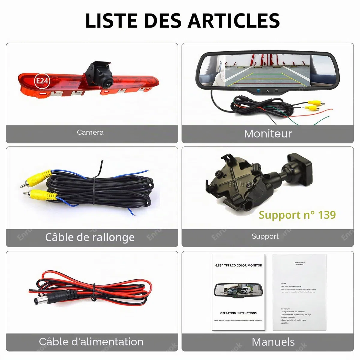 Automovite Caméra de recul HD de feu de freinage pour Peugeot Expert Citroen Jumpy/Dispatch Toyota Proace (2016-Présent) avec écran miroir de 17,4 cm (kit de support # 139)