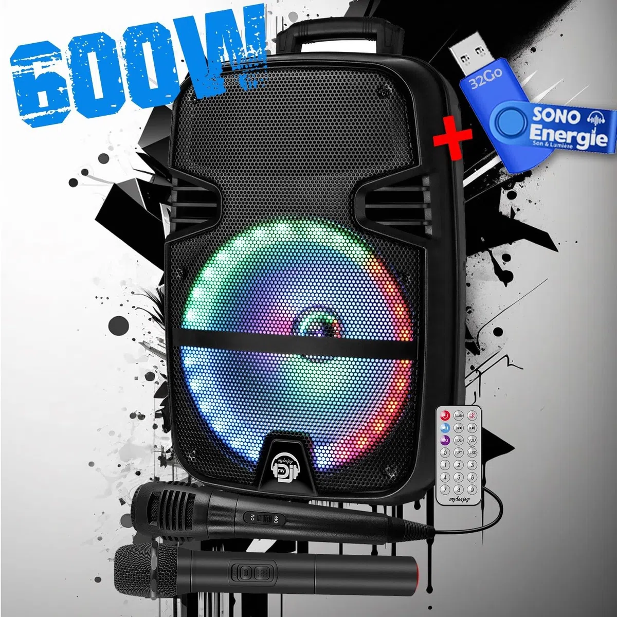Enceinte Sono Mobile My Deejay MDJ12 Ring à LEDs RVB 600W 12" USB, Bluetooth, TWS, Micros VHF et Filaire, +clé USB 32Go