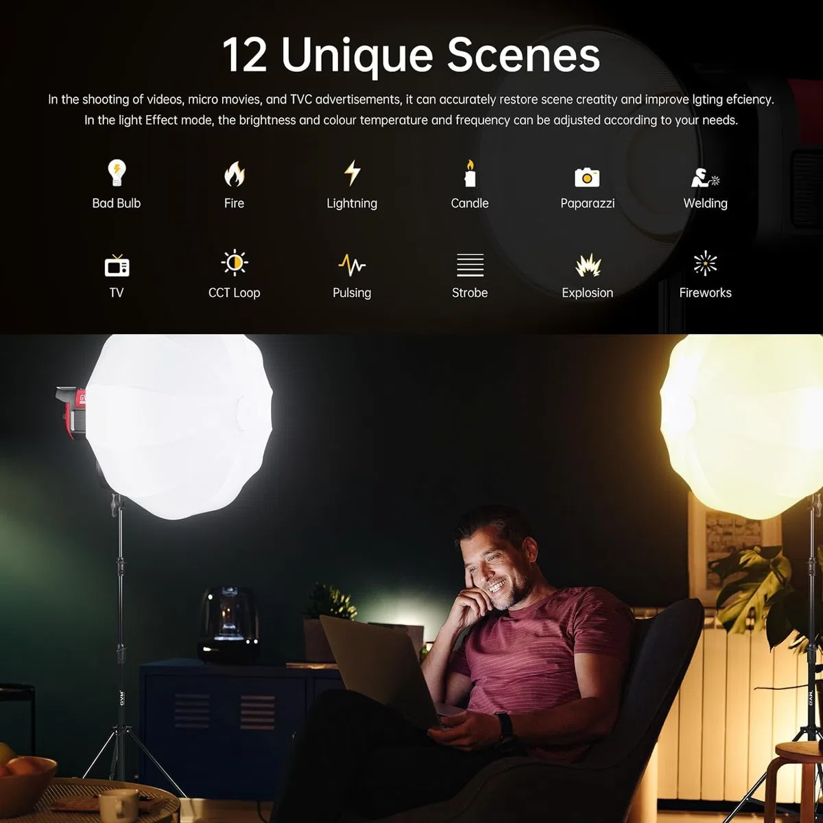 GVM Lampe vidéo LED avec Lanterne Softbox 200 W LED 200 W Lumière Continue Photographie Bowens 2700 K ~ 6800 K Lampe vidéo pour Studio Photo Youtube Film 45400 lux/1 m 12 Effets de lumière Lumière