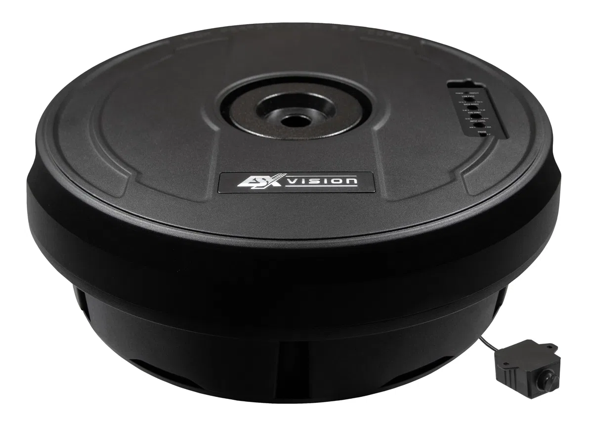ESX V1100Av2-28 cm (11") Basse active pour roue de secours avec boîtier en aluminium massif | Puissance de classe A/B avec 300 W et télécommande filaire compacte