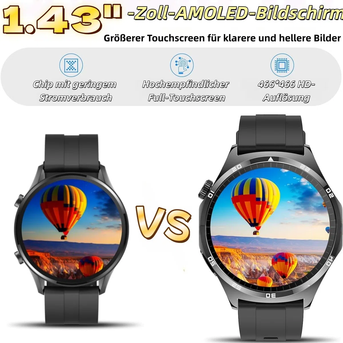 BEYERSWERK Alpha Pro Montre connectée AMOLED de fitness 1,43", ECG/IMC, fréquence cardiaque 24h, pression artérielle, SPO2, surveillance du sommeil/apnée, appels Bluetooth, appel d'urgence, compatible