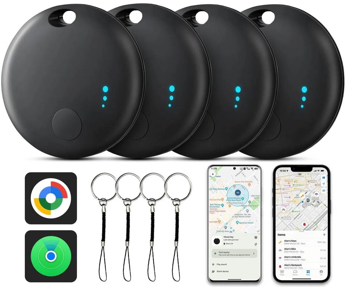 Lot de 4 étiquettes de suivi d'air pour Android ou iOS, double système de suivi d'air, étiquette de suivi Bluetooth compatible avec l'application iOS Find My ou Google Find Hub, étiquettes de suivi