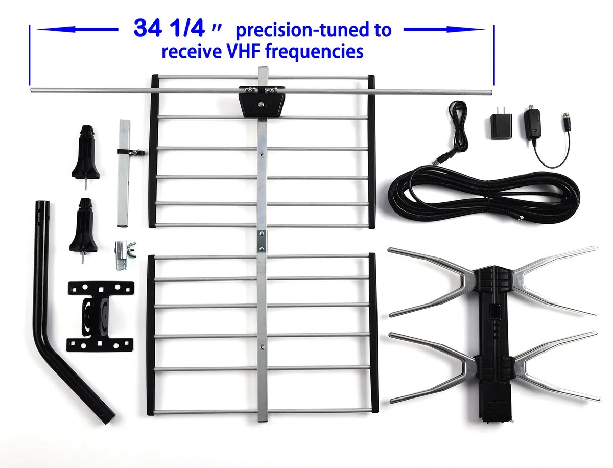 PBD Antenne TV numérique HD d'extérieur avec amplificateur à gain élevé 240 km de long pour UHF/VHF, poteau de montage, câble coaxial RG6 de 12 m, installation facile