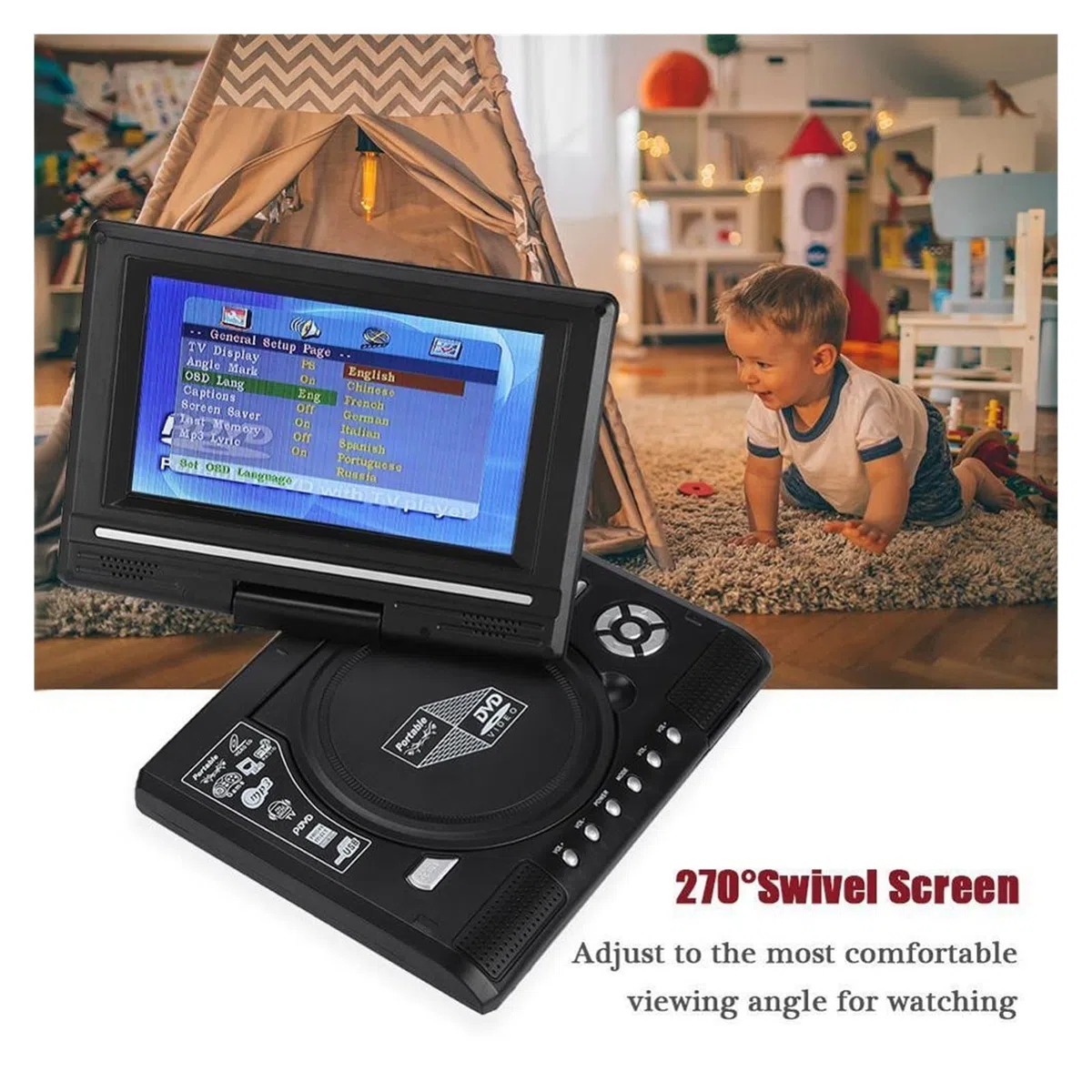 Mini Télévision TV 7.8 "Pouch Portable DVD Écran pivotant du Joueur Rechargeable la télé Chargeur de Voiture Gamepad Portable