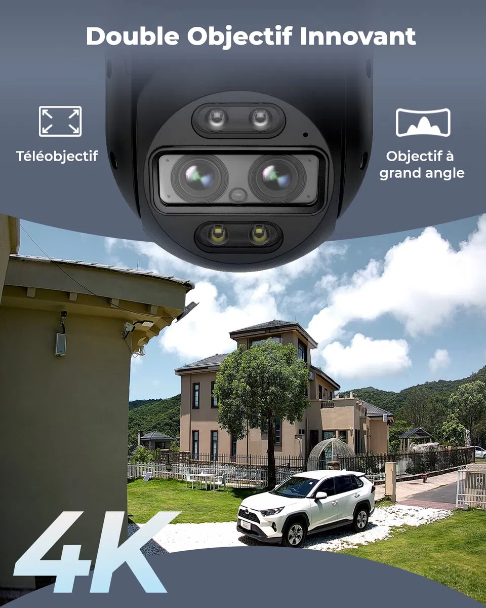 Reolink Caméra de sécurité extérieure PTZ 4K double objectif, WiFi 6 2,4/5 GHz, suivi humain/véhicule/animal, zoom hybride 6x, vision nocturne couleur, TrackMix WiFi (Reconditionné)