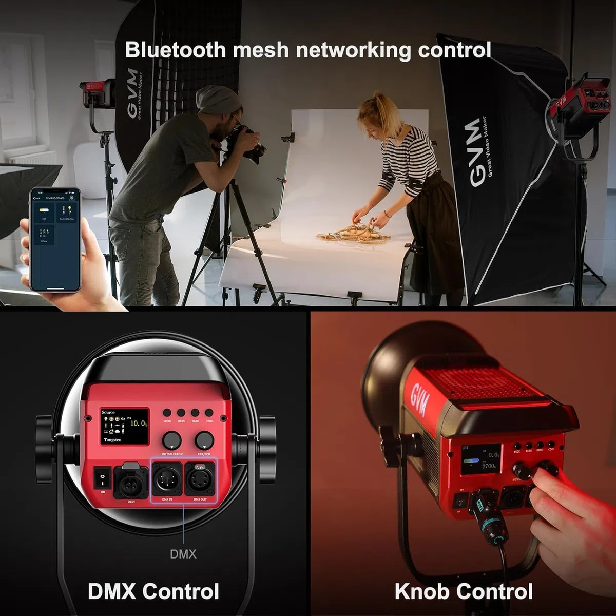 GVM Lampe vidéo LED avec Lanterne Softbox 200 W LED 200 W Lumière Continue Photographie Bowens 2700 K ~ 6800 K Lampe vidéo pour Studio Photo Youtube Film 45400 lux/1 m 12 Effets de lumière Lumière