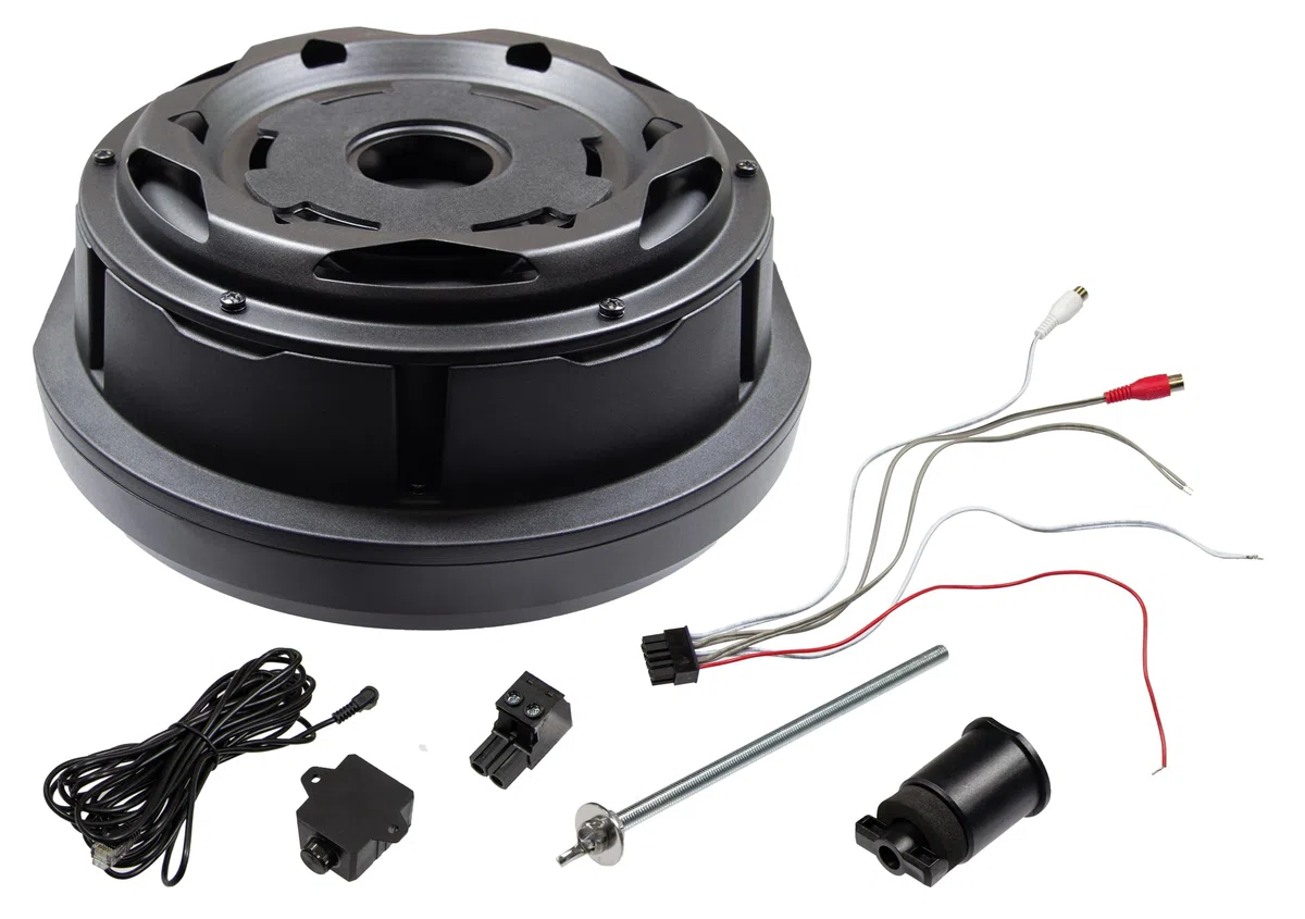 ESX V1100Av2-28 cm (11") Basse active pour roue de secours avec boîtier en aluminium massif | Puissance de classe A/B avec 300 W et télécommande filaire compacte