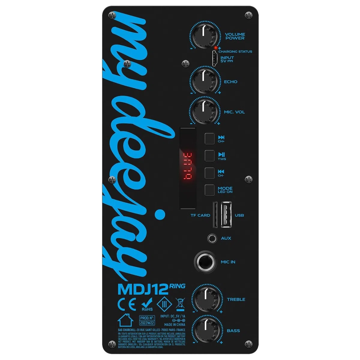 Enceinte Sono Mobile My Deejay MDJ12 Ring à LEDs RVB 600W 12" USB, Bluetooth, TWS, Micros VHF et Filaire, +clé USB 32Go